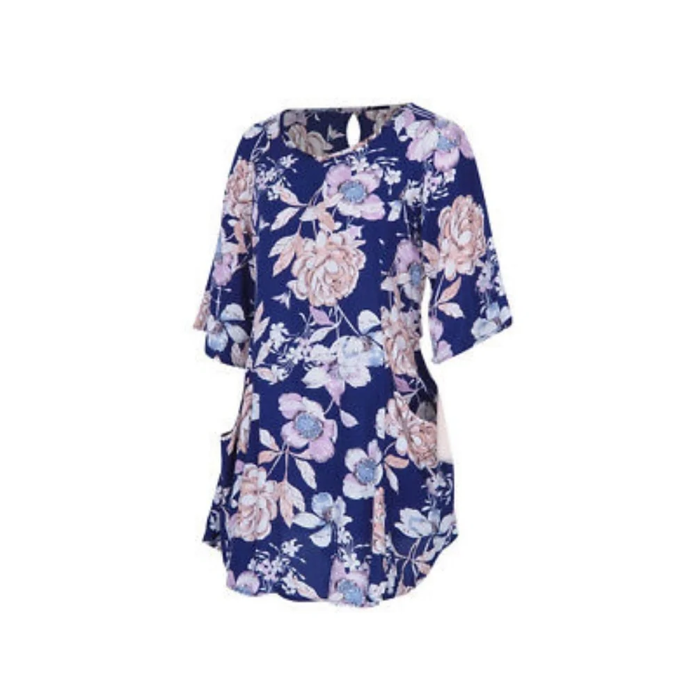 Blue Pastel Floral Dress With 3/4 Sleeves Pockets - Picture 6 of 7